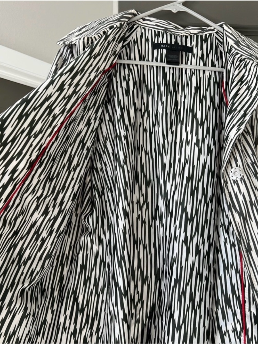 Marc Jacobs Black & White Graphic Trench Coat with Red Trim
